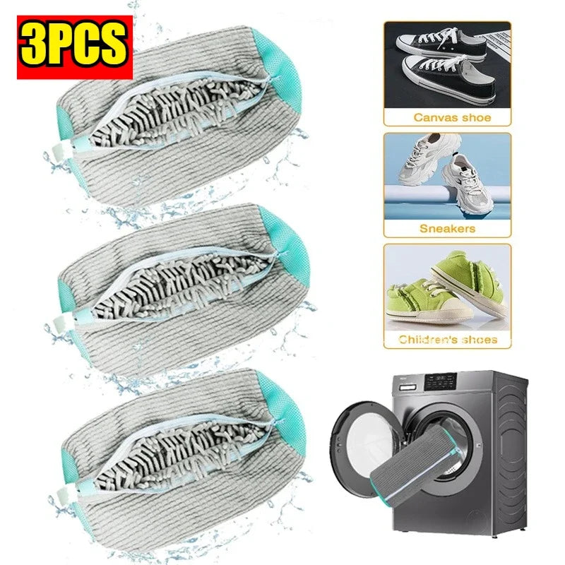 Three reusable shoe laundry bags with bristled brushes for gentle machine washing