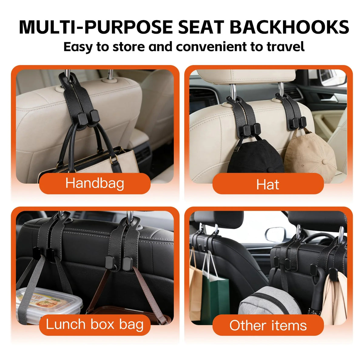 Multi-purpose seat back hooks for easy storage of handbags, hats, lunch boxes, and other items in a car.