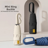 A white mini ring buckle is shown next to a black folding umbrella and a blue umbrella.