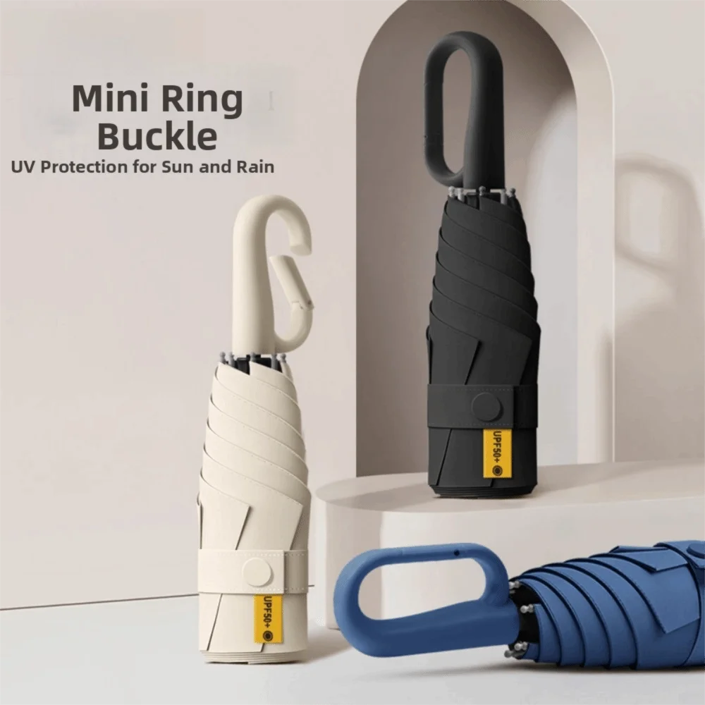 A white mini ring buckle is shown next to a black folding umbrella and a blue umbrella.