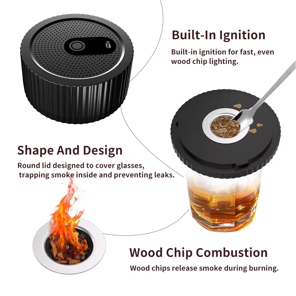 A black electric cocktail smoke infuser with a round lid and a glass containing wood chips for burning.