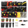 A plastic kit containing various male and female electrical connectors for automotive use, including terminals and plugs.