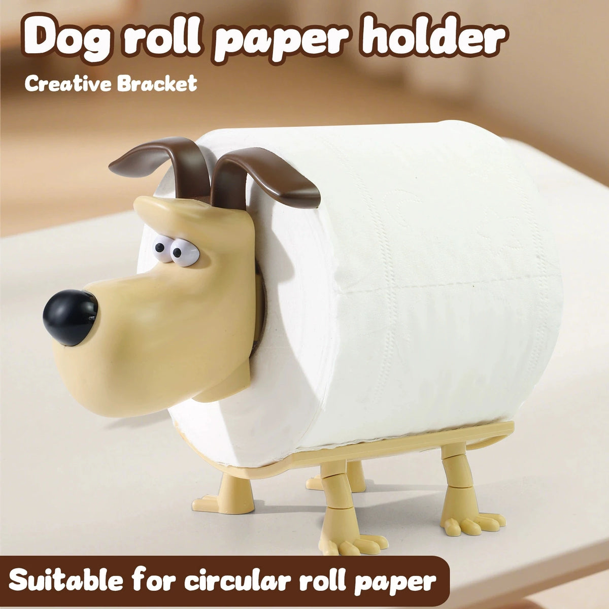 A dog-shaped paper holder made of white material with brown ears and features a creative bracket design.