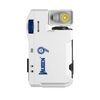 A white Wuben G5 compact rechargeable flashlight with a blue button and a yellow lens is shown against a black background.