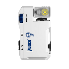 A white Wuben G5 compact rechargeable flashlight with a blue button and a yellow lens is shown against a black background.