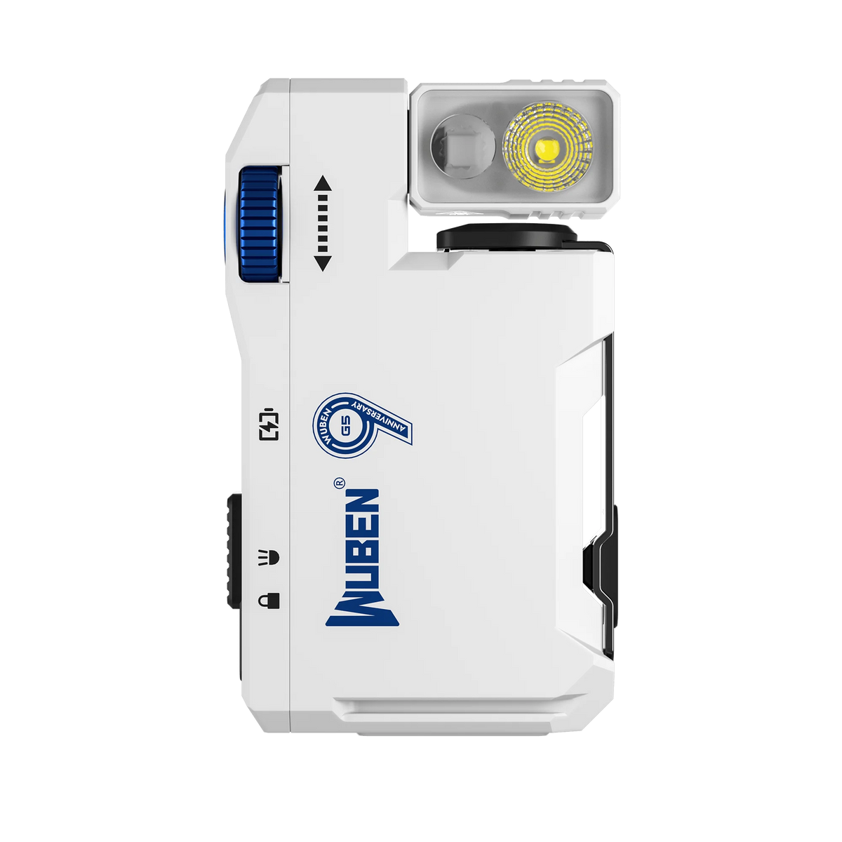 A white Wuben G5 compact rechargeable flashlight with a blue button and a yellow lens is shown against a black background.