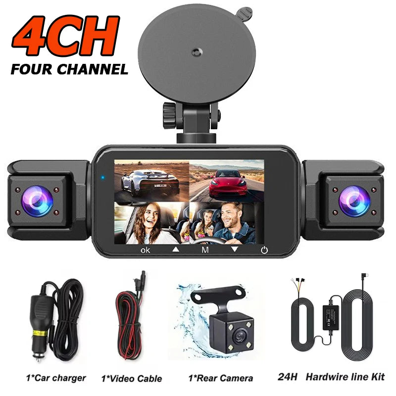 A 4-channel dash cam device with a screen displaying a car, along with accessories like a charger, cable, and rear camera.