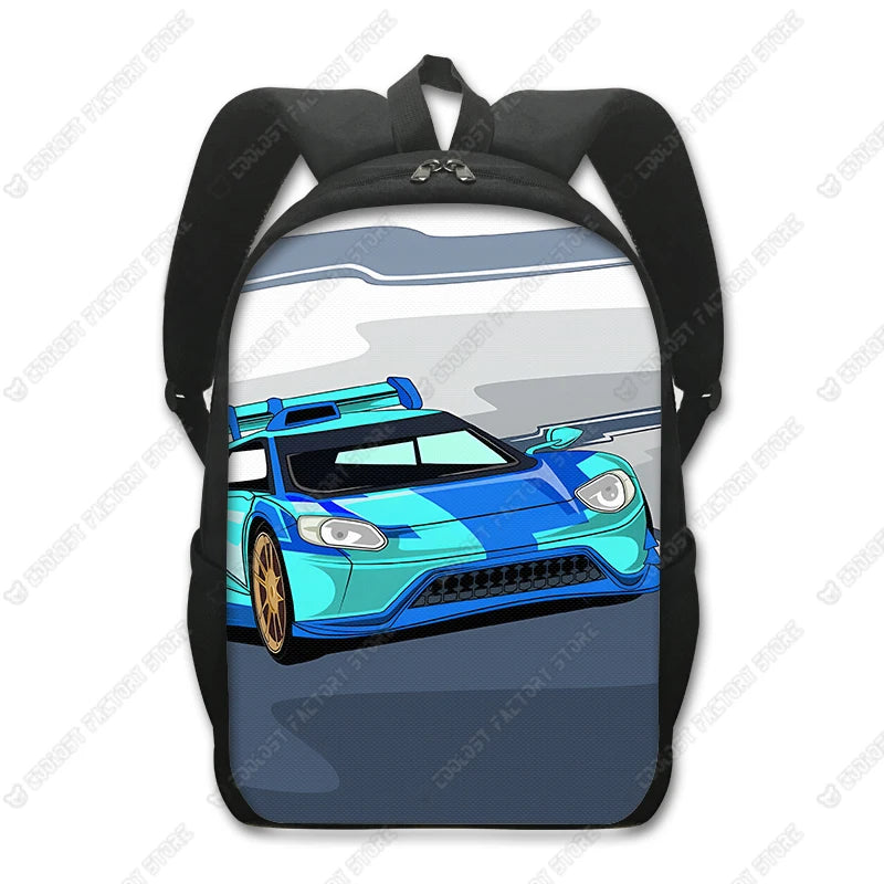 Schwarzer taktischer Rucksack mit Grafik eines blauen Sportwagens auf der Vorderseite.