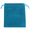 A teal velvet drawstring jewelry pouch with light blue ties.