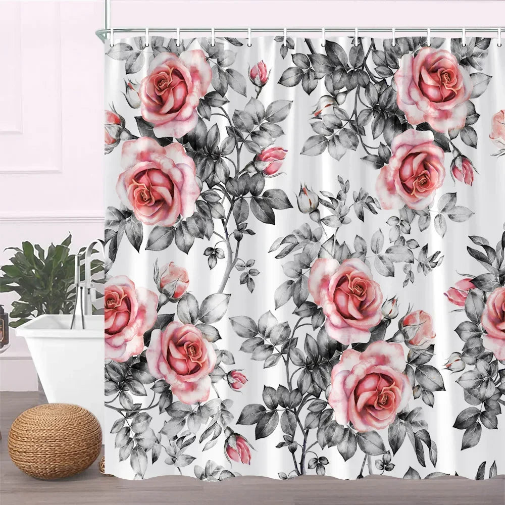 Floral fabric shower curtain featuring pink roses and dark green leaves on a white background
