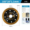 A circular diamond saw blade with a gold rim and black center, designed for cutting tiles, slabs, glass, marble, and ceramic 
