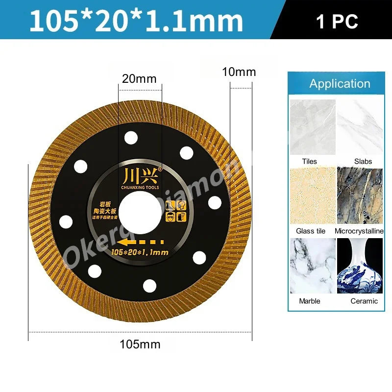 A circular diamond saw blade with a gold rim and black center, designed for cutting tiles, slabs, glass, marble, and ceramic 