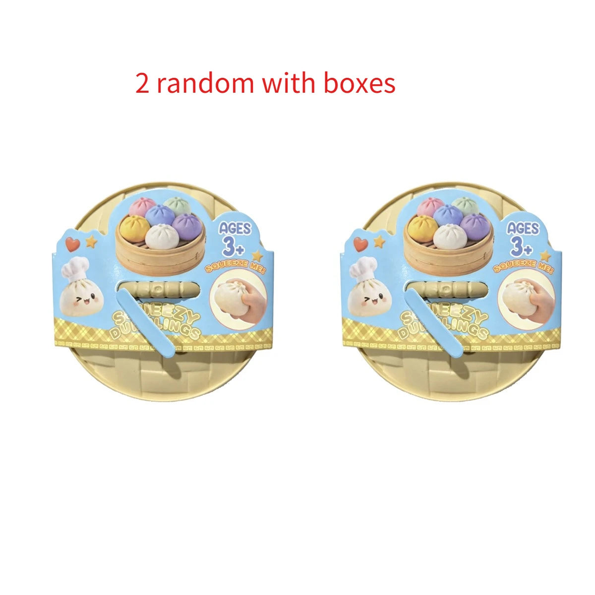 Two random boxes of glitter dumpling squishy stress relief toys with wooden trays and tools.