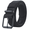 Black men's tactical nylon belt with a secure metal buckle shown from the side.