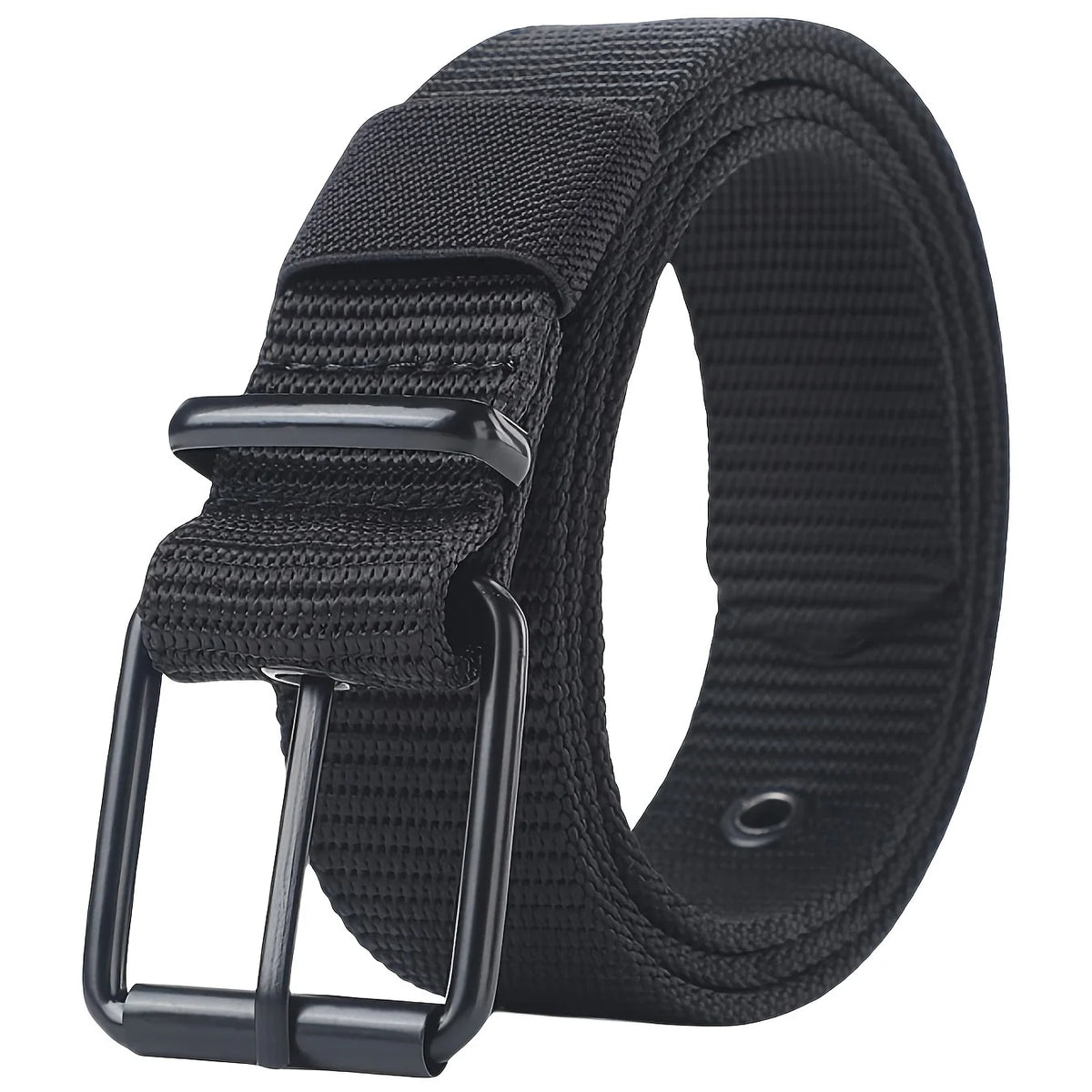 Black men's tactical nylon belt with a secure metal buckle shown from the side.