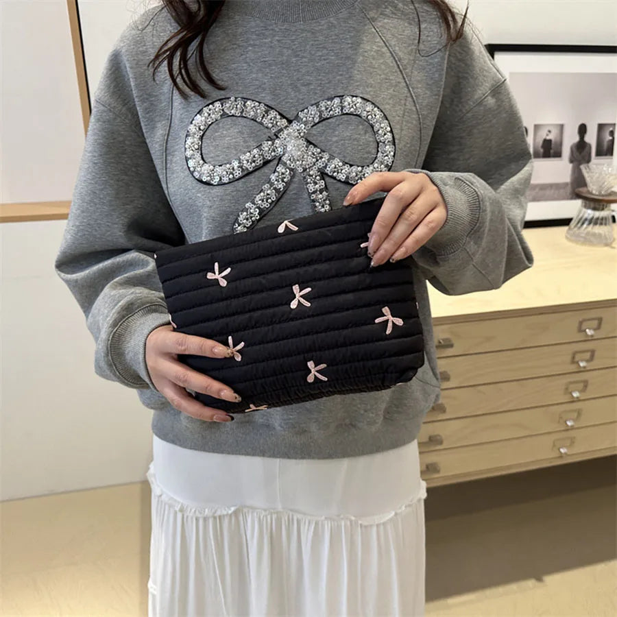 Embroidered Bow Makeup Bag with Large Capacity