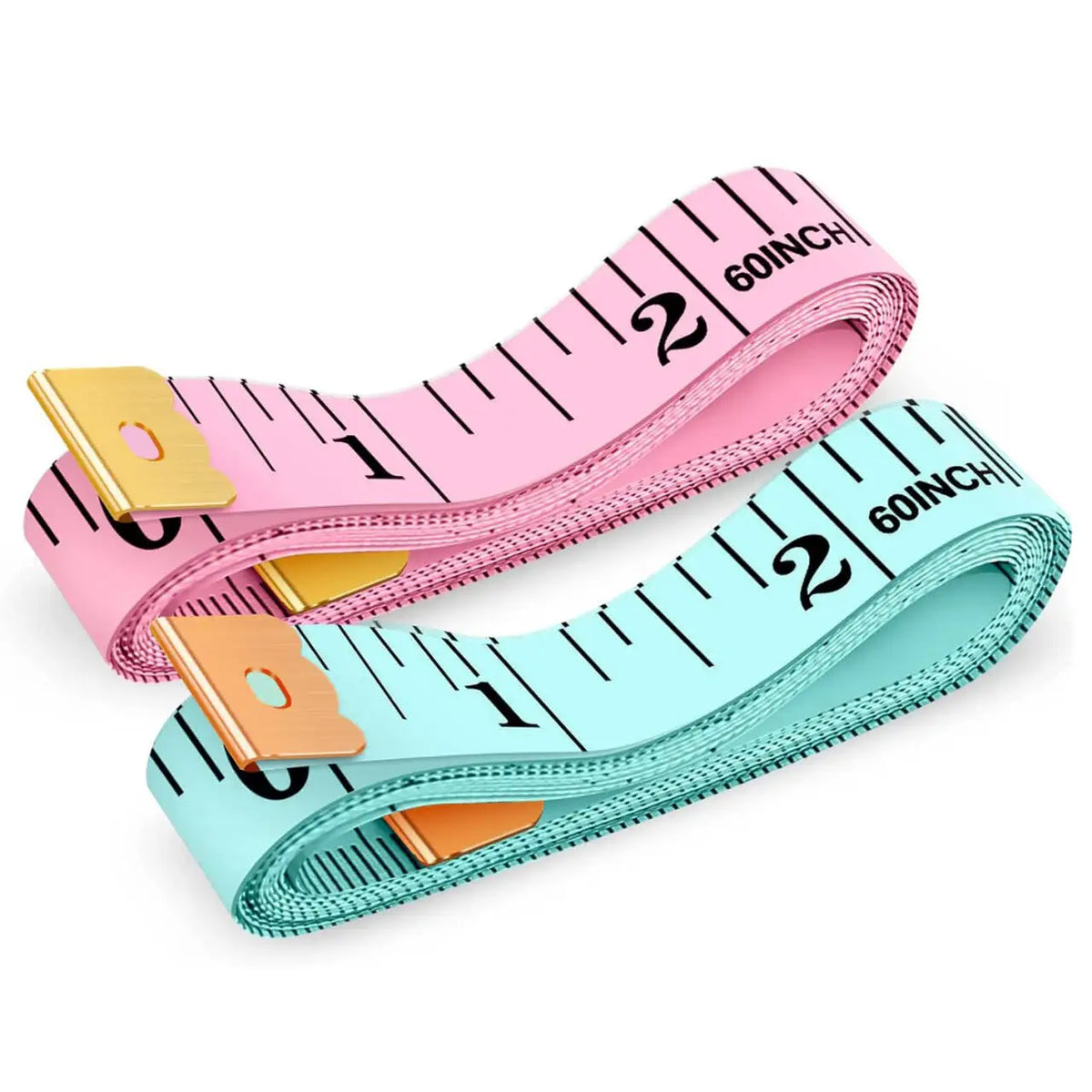 Pink and light blue flexible soft tape measures, 60 inches long, showing dual-sided markings.