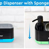 A dual soap dispenser with a sponge holder is shown being used on a kitchen counter.