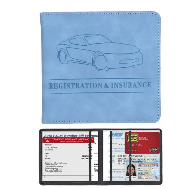 A light blue leather card holder wallet for vehicle registration, license, and insurance cards.