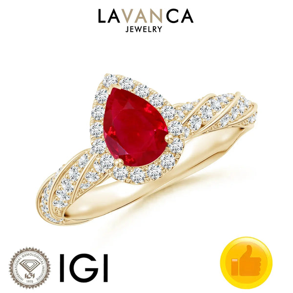 Pear-Cut Lab-Grown Ruby Halo Ring in Yellow Gold