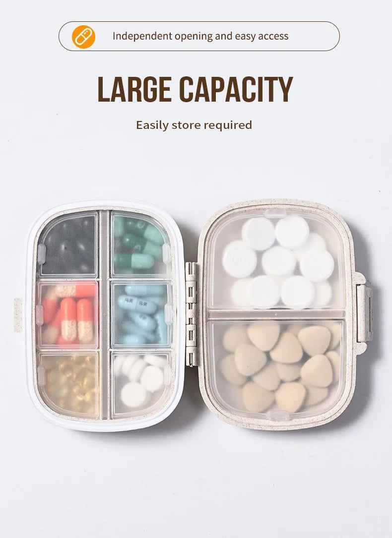 A white weekly pill organizer with eight compartments showing various colored and white pills.