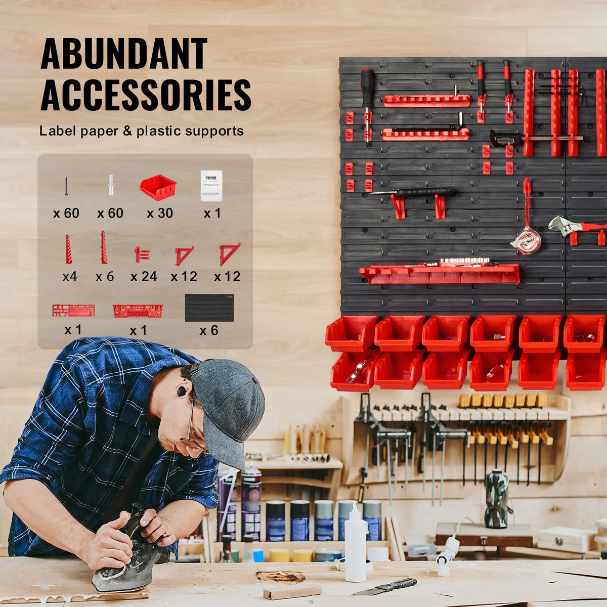 A person is working on a wooden surface in a workshop surrounded by abundant accessories like label paper and plastic support