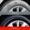 Before and after comparison of a tire trim restorer showing white tires turning black and shiny