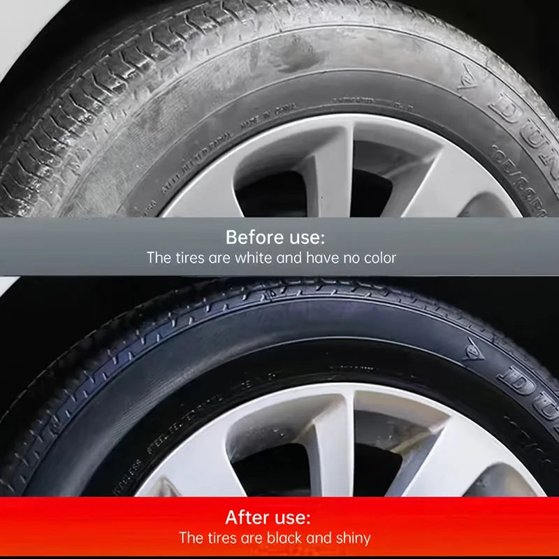 Before and after comparison of a tire trim restorer showing white tires turning black and shiny