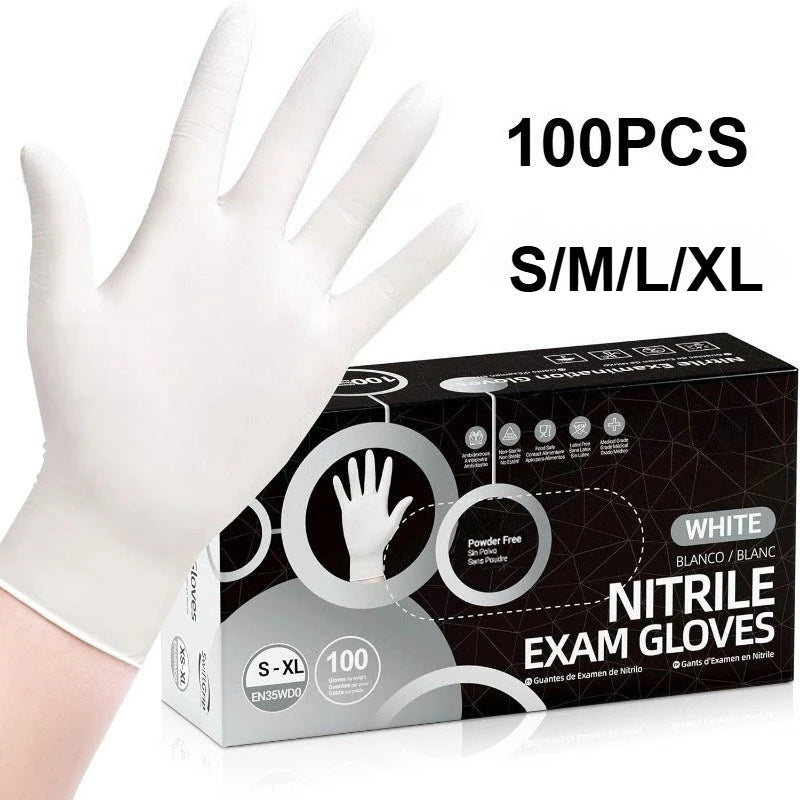 Box of 100 pairs of white nitrile exam gloves with a hand demonstrating the fit.