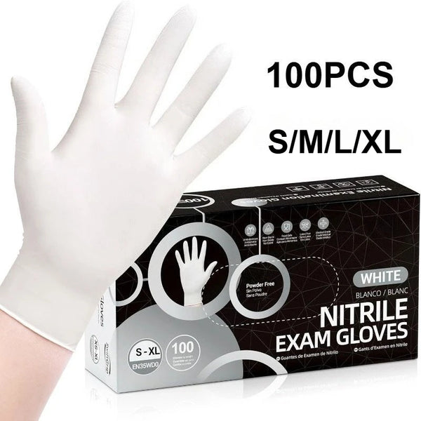 Box of 100 pairs of white nitrile exam gloves with a hand demonstrating the fit.