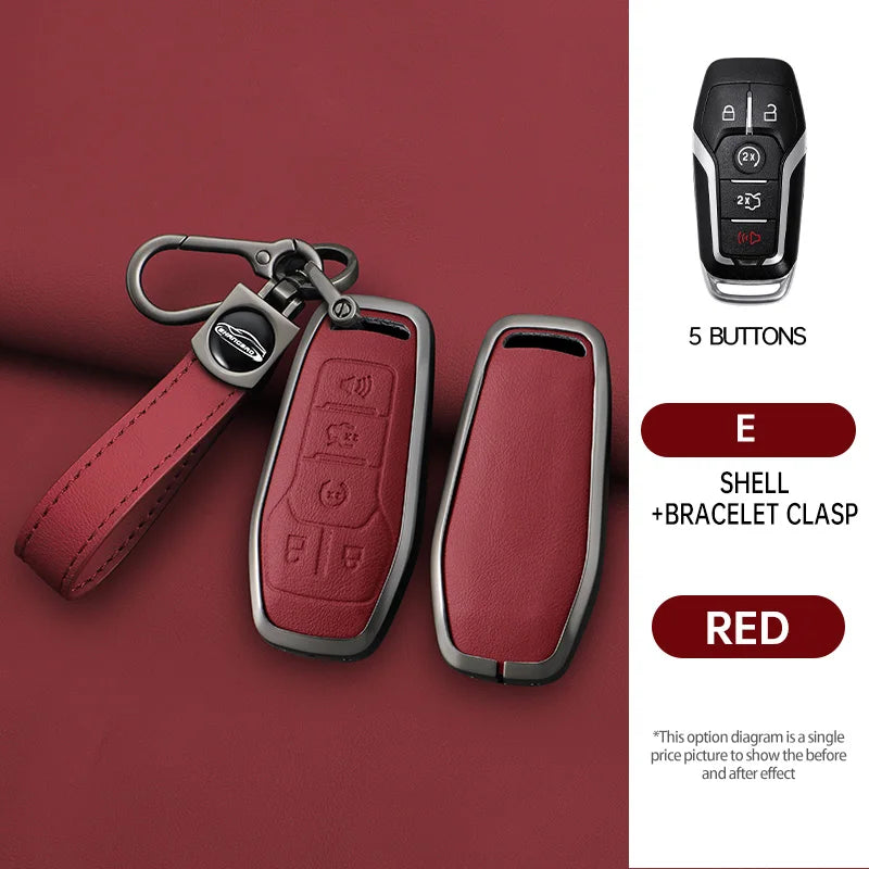 A red car key case cover with a black remote and a leather bracelet clasp shown on a maroon background.