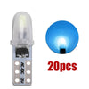 A single T5 wedge LED bulb and a close-up view of its bright blue light.