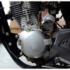 Close-up of a motorcycle engine component showing various silver and gold decorative bolt caps and hardware.