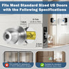 A silver fingerprint door lock is shown fitting standard US doors, with specifications and usage examples.