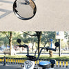 A white and blue 360° adjustable bicycle rearview mirror mounted on a bike.