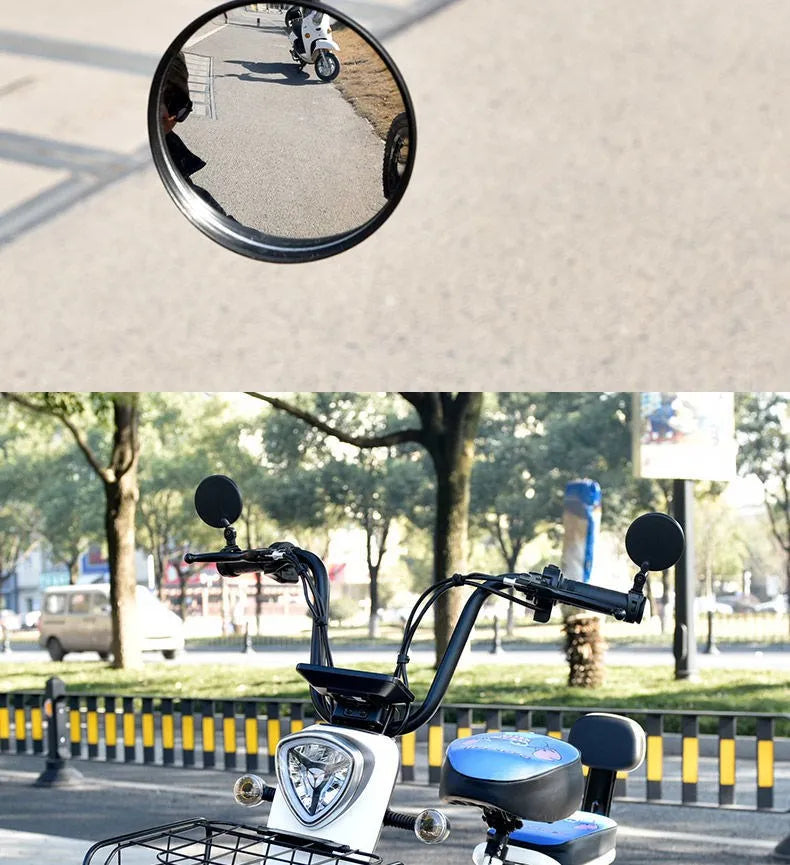 A white and blue 360° adjustable bicycle rearview mirror mounted on a bike.