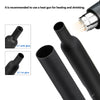 Black heat shrink tubing kit showing various ratios including 3:1 with glue and 2:1 no glue, along with a heat gun applicatio