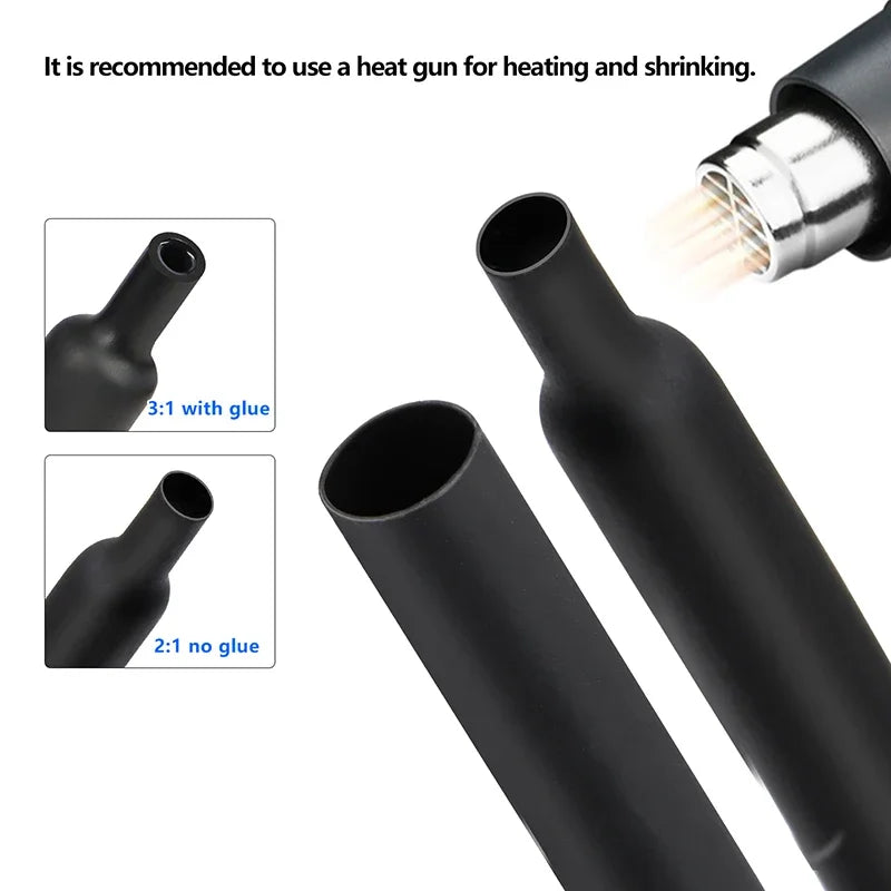 Black heat shrink tubing kit showing various ratios including 3:1 with glue and 2:1 no glue, along with a heat gun applicatio