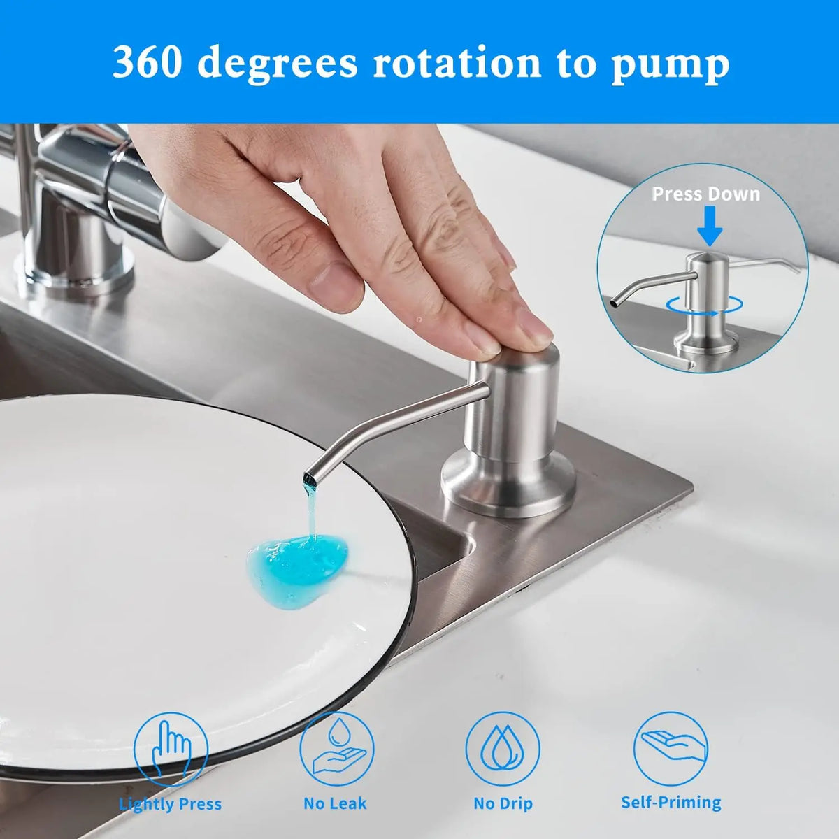 Eine Hand drückt einen Flüssigseifspender, der an einem Wasserhahn befestigt ist, mit 360-Grad-Rotation und Selbstfüllfunktio