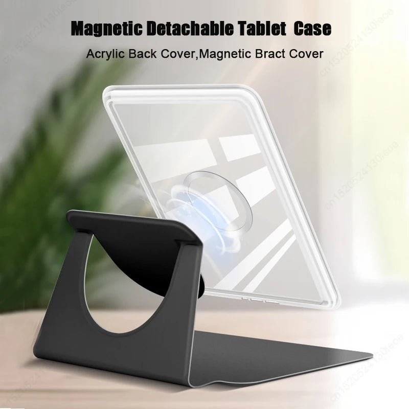 A clear acrylic back cover with a magnetic bracket shown next to a tablet case.