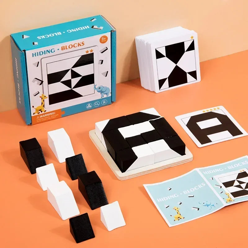 Wooden Geometric Shape Puzzle Blocks with Pattern Cards - Educational Logic Game for Kids