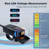A red LED voltage meter is shown measuring the voltage of a battery, with various voltage levels displayed.