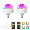 A rechargeable LED smart bulb with a remote control and RGB mode, shown alongside charging cables and color options.