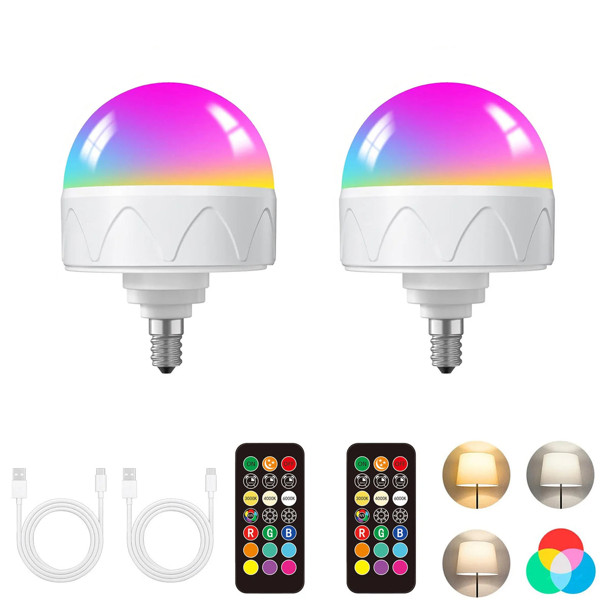 A rechargeable LED smart bulb with a remote control and RGB mode, shown alongside charging cables and color options.