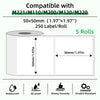 Roll of thermal label paper showing dimensions and features like waterproof, oil proof, strong viscosity, and scratch resista