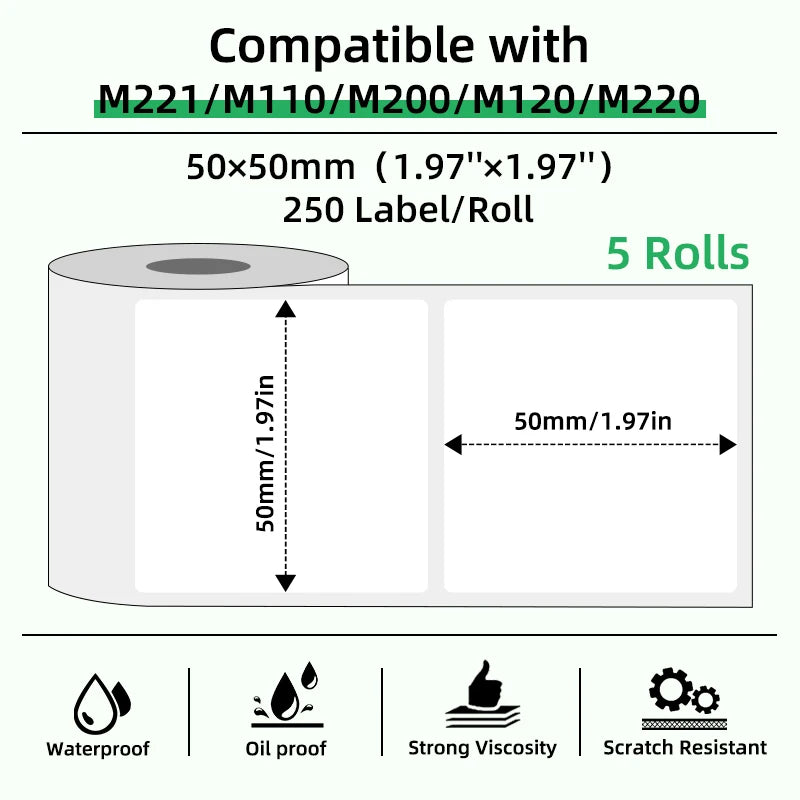Roll of thermal label paper showing dimensions and features like waterproof, oil proof, strong viscosity, and scratch resista