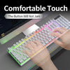 A close-up of a low-profile gaming keyboard with customizable RGB backlighting and a numeric keypad being used by a hand.