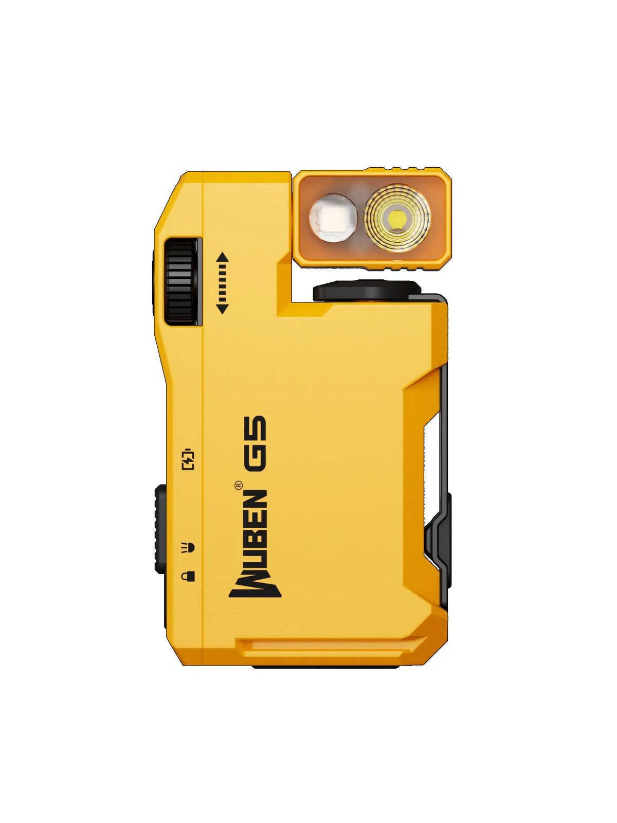 A yellow Wuben G5 compact rechargeable flashlight with a front lens and a black body is shown.