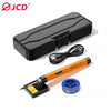 A black cordless USB soldering iron with an orange tip and a blue soldering iron tip is shown.