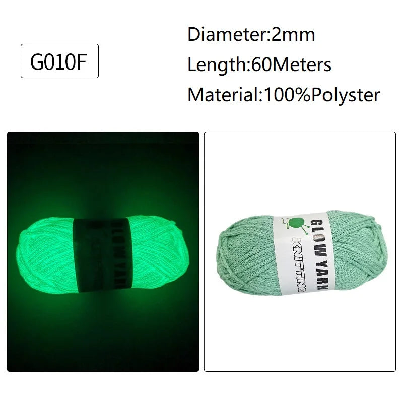 Green glow-in-the-dark polyester yarn with a black label, showing the diameter and length specifications.